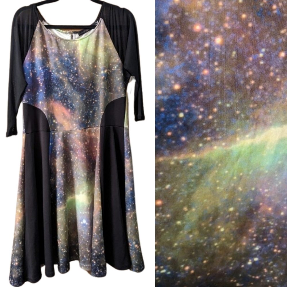 Cult of California 2X fit and flare Galaxy Colorblock plus dress mesh sleeves